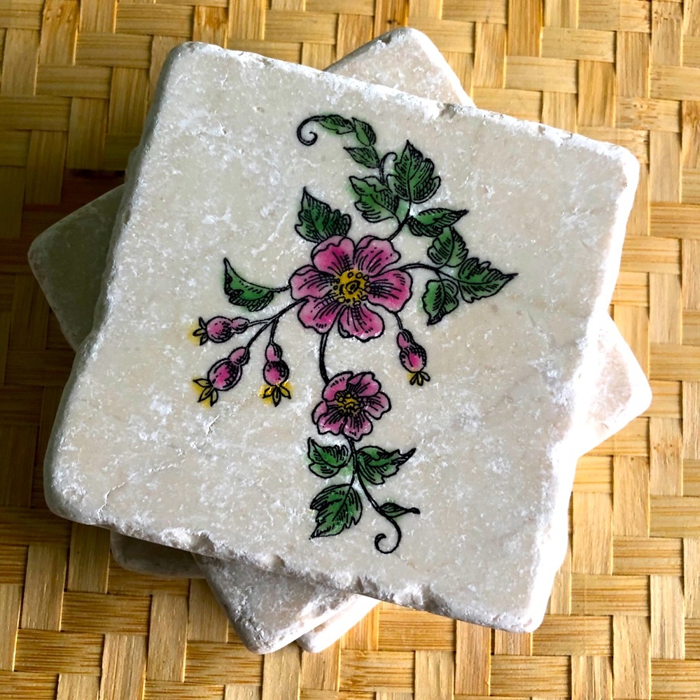 4 Vintage tumbled marble wildflower coasters